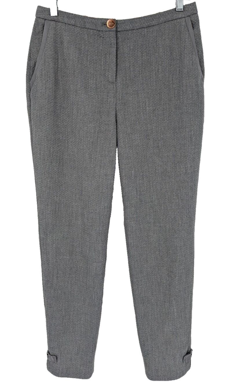 Ted Baker Pants 2 Gray Texture Slim Leg Slit & Bow on Leg Great